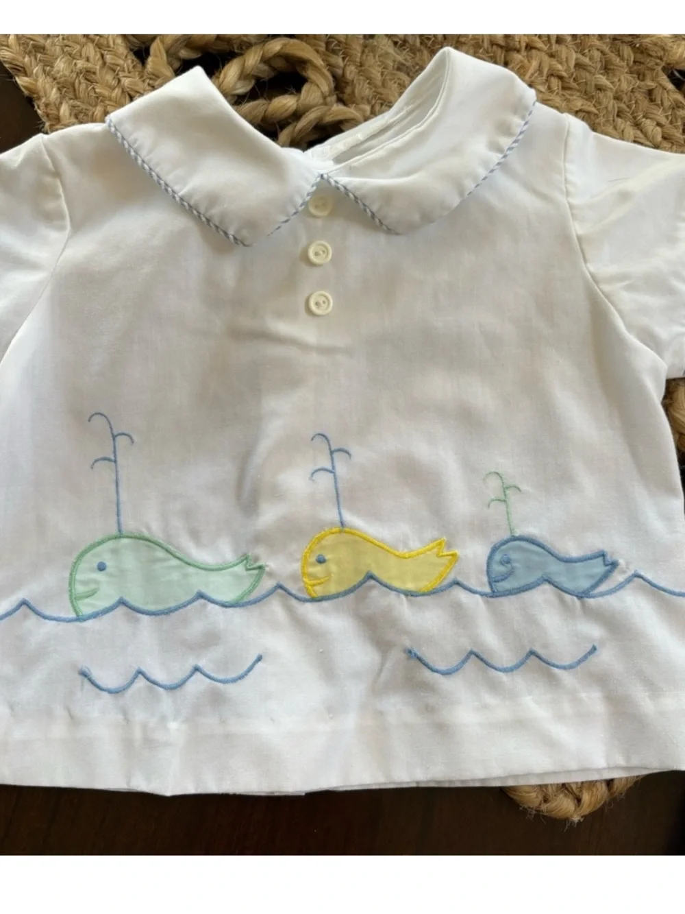 Vintage 1993 Seersucker Embroidered Whales 2 Piece Romper Set Blue Baby 6-9 M